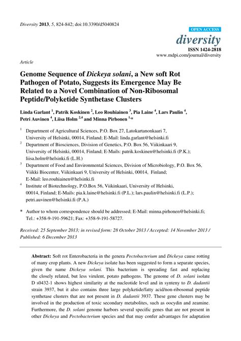 Pdf Genome Sequence Of Dickeya Solani A New Soft Rot Pathogen Of Potato Suggests Its