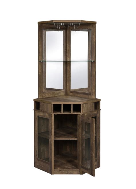 Country Rustic Corner Bar Cabinet with Stemware Rack Rustic Oak ...