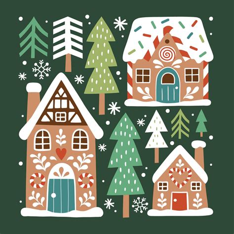 Cute Christmas gingerbread house and snowy pine trees. Hand drawn