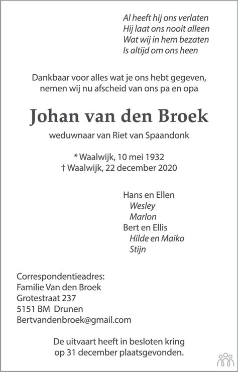 Johan Van Den Broek 22 12 2020 Overlijdensbericht En Condoleances