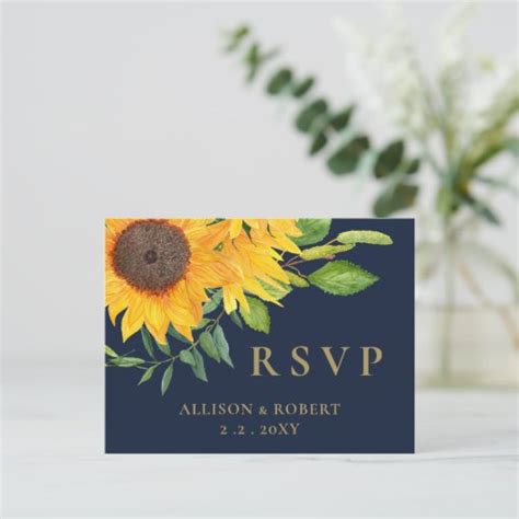 Watercolor Navy Blue Sunflower Rustic Wedding Invitation Postcard Zazzle