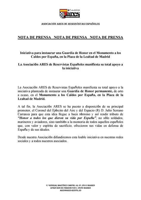 Apoyo De ARES A La Iniciativa De Instaurar Una Guardia De Honor En El