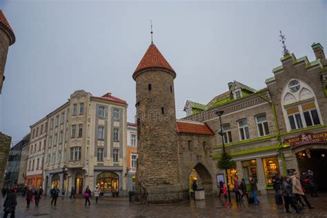 Tallinn Estonia Famous Landmark Viru Gate In Street Lighting In Old