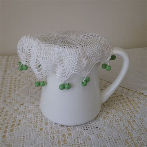 Vintage White Crocheted Jug Cover With Green Glass Beads Etsy