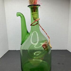 Vintage Large Hand Blown Green Glass Italian Wine Decanter With Ice