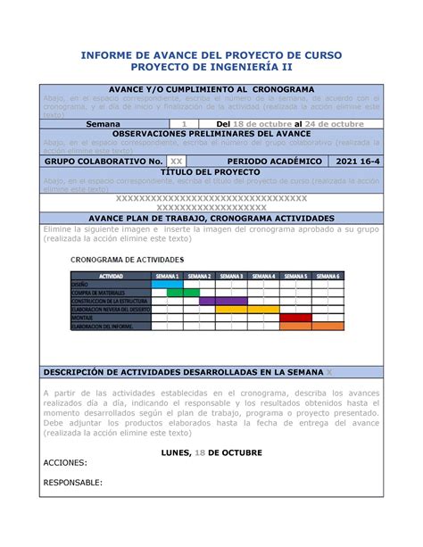 Formato Informe Semanal De Avance Ok INFORME DE AVANCE DEL PROYECTO