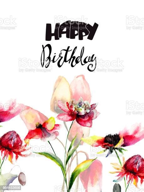 Tulips And Peony Flowers With Title Happy Birthday Stock Illustration Download Image Now