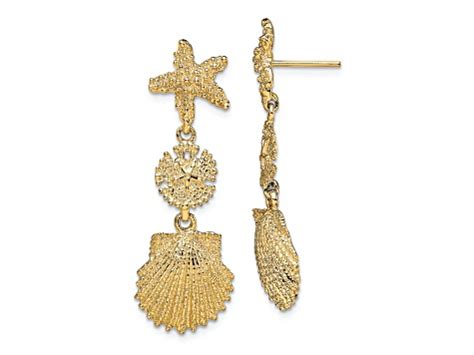 14K Yellow Gold Textured Starfish Sand Dollar And Scallop Shell Dangle