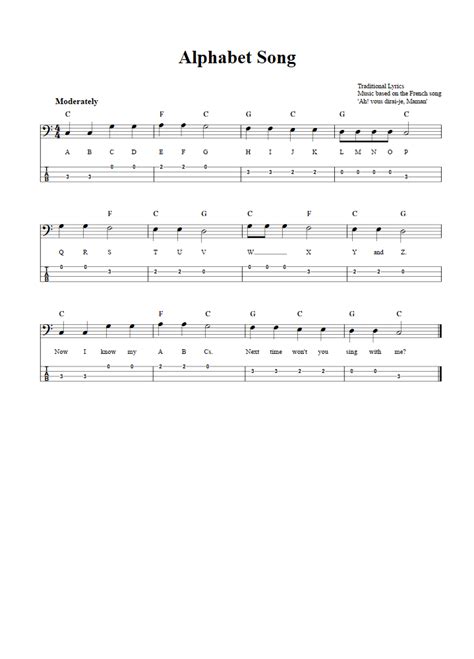 Alphabet Song - Bass Guitar Sheet Music and Tab with Chords and Lyrics