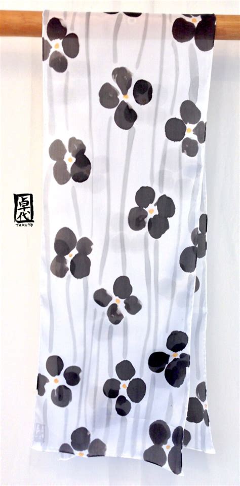 Silk Scarf Handpainted Black And Gold Japanese Floral Silk Etsy