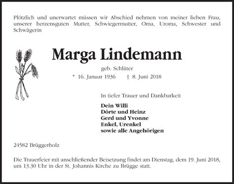 Traueranzeigen Von Marga Lindemann Trauer Anzeigen De