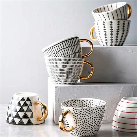 Creative Geometric Ceramic Mugs With Gold Handle Handmade Coffee Cups