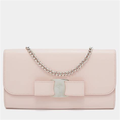 Salvatore Ferragamo Light Pink Leather Vara Bow Wallet On Chain