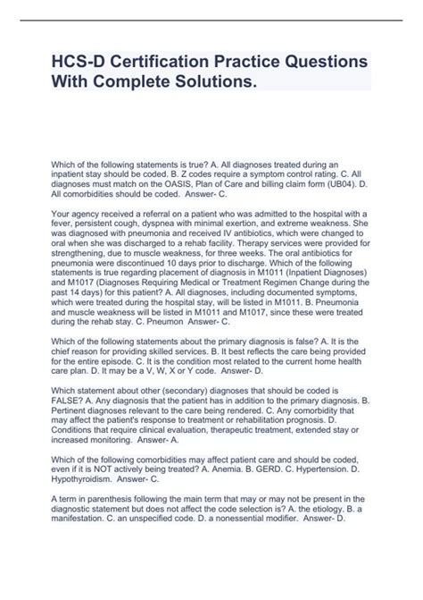 HCS-D Certification Practice Questions With Complete Solutions. - HCS-D