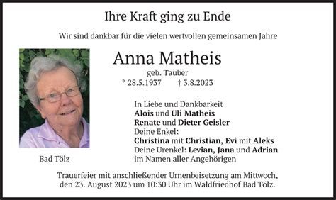 Traueranzeigen Von Anna Matheis Trauer Merkur De