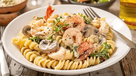 Spiral Pasta Mushroom Cream Sauce With Seafood Background Background