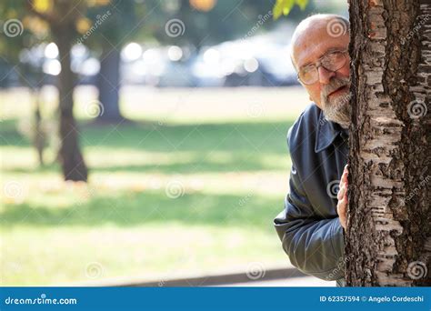 Sex Stalker Maniac Voyeur And Spy Man Peeking Hiding Behind Tree