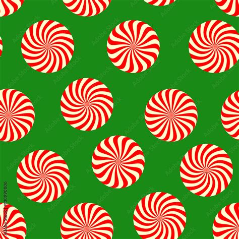 Peppermint candy seamless pattern on green background. Concept for Christmas holiday wrapping ...