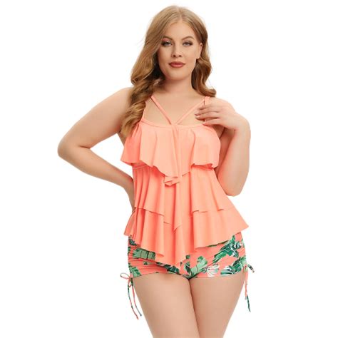 Plus Size Floral Print Orange Layered Strappy High Waisted Swimsuit