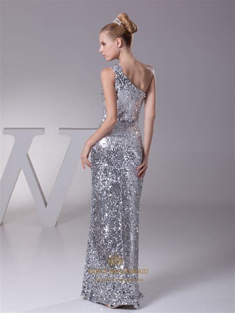 Silver Sequin One Shoulder Sheath Floor Length Prom Evening Dress