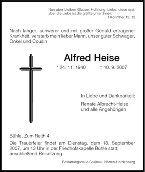 Traueranzeigen Von Alfred Heise Trauer Hna De