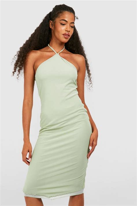 Halterneck Mesh Midi Dress Boohoo Uk