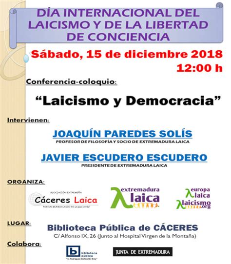 Charla En Cáceres El Sábado 15 De Diciembre A Las 1200 Sobre “laicismo Y Democracia” Con Motivo