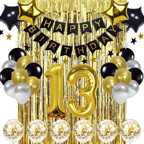 Buy Black and Gold 13th Birthday Decorations Banner Balloon, Happy ...