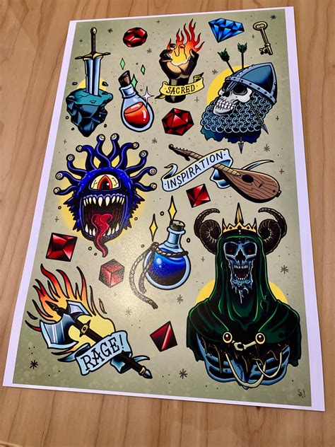 Dungeons And Dragonsdandddnd Tattoo Flash Sheet Art Print Etsy