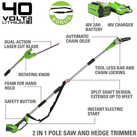 Greenworks 40v 8 Cordless Polesaw Pole Hedge Trimmer Combo 2 0ah Battery And Charger