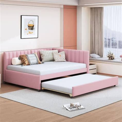 Harper And Bright Designs Pink Full Size Linen Upholstered Wood Daybed With Trundle Qmy276aah