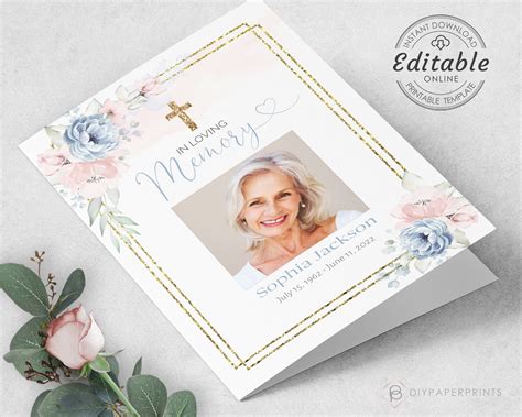 Editable Funeral Program Template Gold Cross Blush Rose Etsy Uk