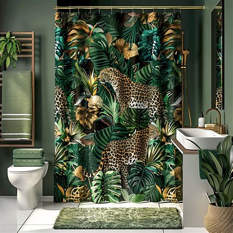 Exotic Jungle Leopard Print Shower Curtain Set Tropical Bathroom Decor