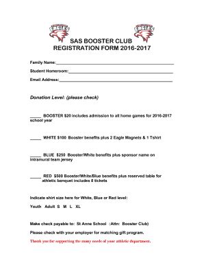 Fillable Online Sas Booster Club Registration Form 2016 2017 St Anne