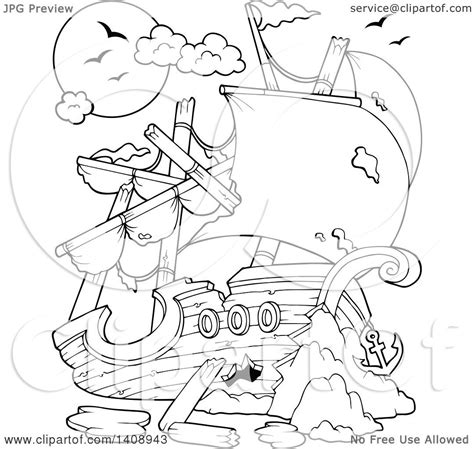 Clipart Of A Black And White Lineart Wrecked Pirate Ship Royalty Free