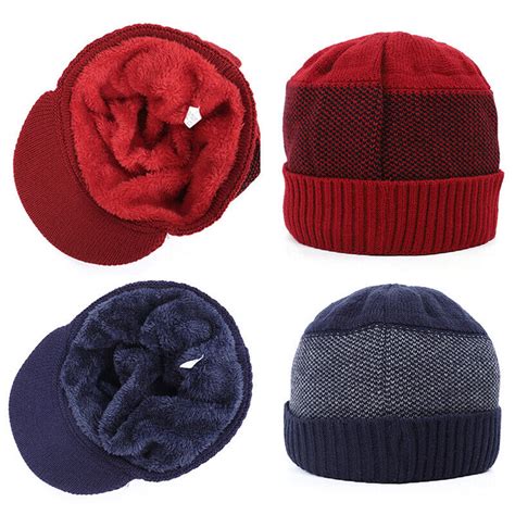 Men Winter Warm Hat Knit Visor Beanie Fleece Lined Billed Beanie With