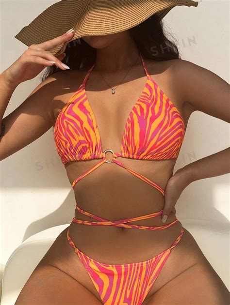 SHEIN Swim Y2GLAM Allover Print Ring Linked Halter Triangle Bikini