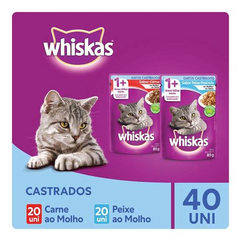 Kit Ração Úmida Whiskas Para Gatos Adultos Castrados Sachê Carne 20x85g