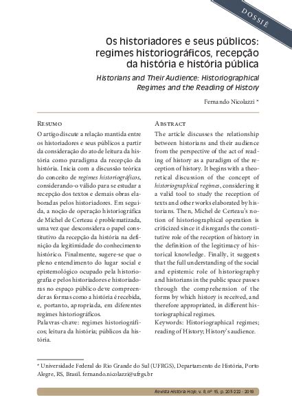 Pdf Os Historiadores E Seus Públicos Regimes Historiográficos