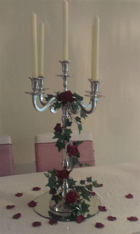 Silver Candelabra With Ivy And Burgundy Rose Garland Candleabra Wedding Centerpieces