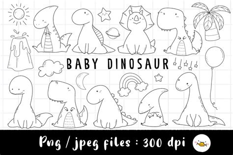 Baby Dinosaur Clipart, Dinosaur Nursery Art, Outline Doodle, PNG ...