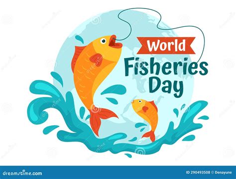 World Fisheries Day Vector Illustration Of Fisherman With Fishing Rod