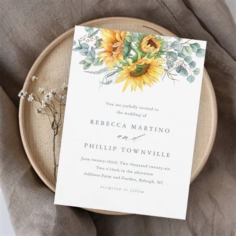 Rustic Sunflower Eucalyptus Elegant Wedding Invitation Zazzle