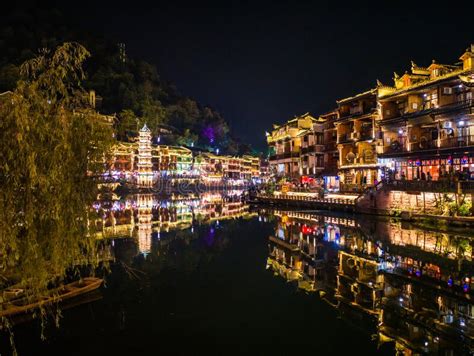 Scenery View in the Night of Fenghuang Old Town Stock Photo - Image of ...