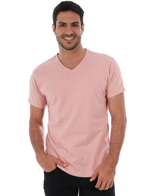 Camiseta Masculina Decote V Algodão Slim Fit Rosa