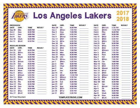 Printable 2017-2018 Los Angeles Lakers Schedule