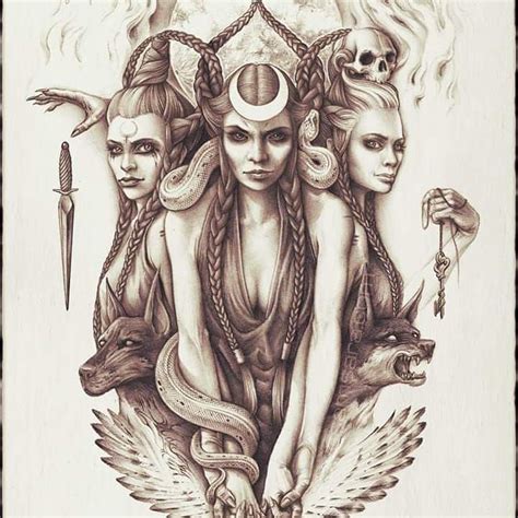 A Drawing Of Three Women Sitting On Top Of Each Other With Two Snakes