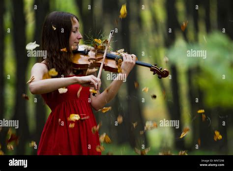 Femme Musicienne En Robe Rouge Jouant Du Violon Banque De Photographies