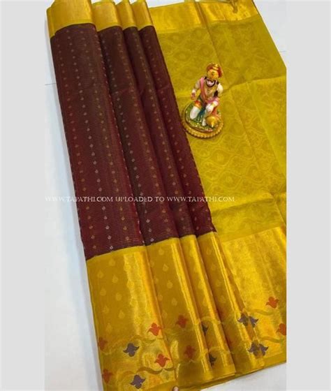 Maroon And Mango Yellow Color Kuppadam Pattu Handloom Saree With Kanchi