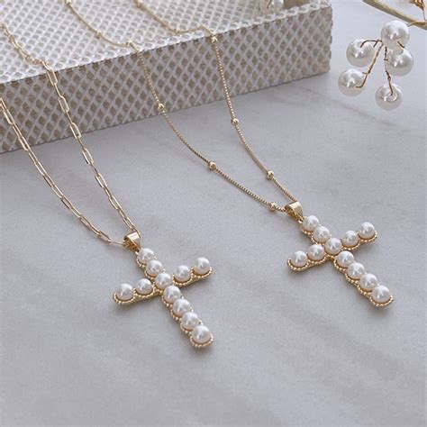 Pearl Cross Necklace Etsy